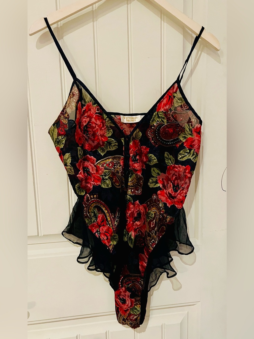 Victoria's secret gold 90s trim Brazilian panty Bodysuit lingerie with Red Roses